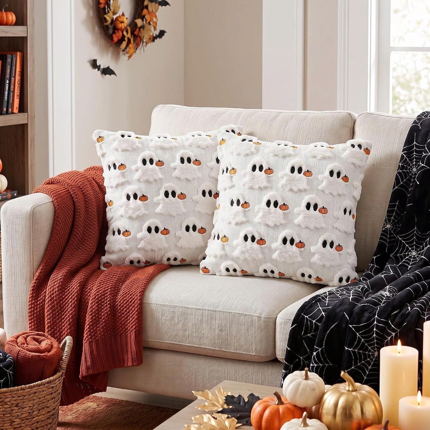 Set of 2 Halloween Ghost Soft Faux Fur Throw Pillow Covers