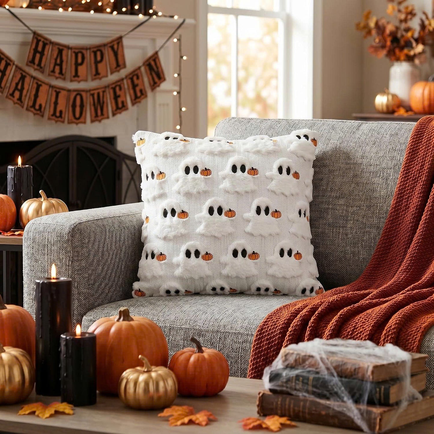 Set of 2 Halloween Ghost Soft Faux Fur Throw Pillow Covers
