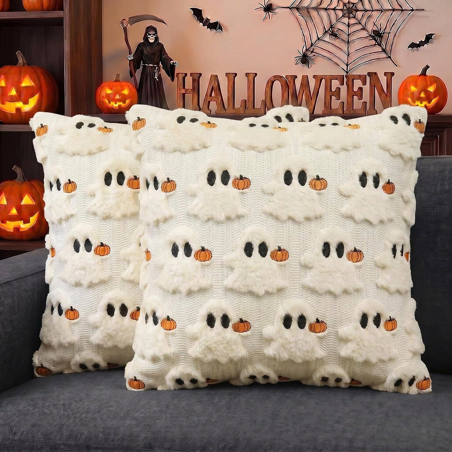 Set of 2 Halloween Ghost Soft Faux Fur Throw Pillow Covers