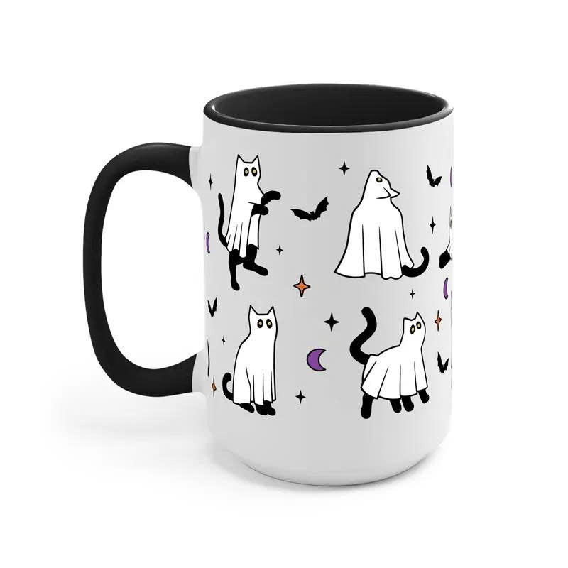 Ghost Cat Halloween Ceramic Coffee Mug - 15oz Cute Spooky Cat Cup