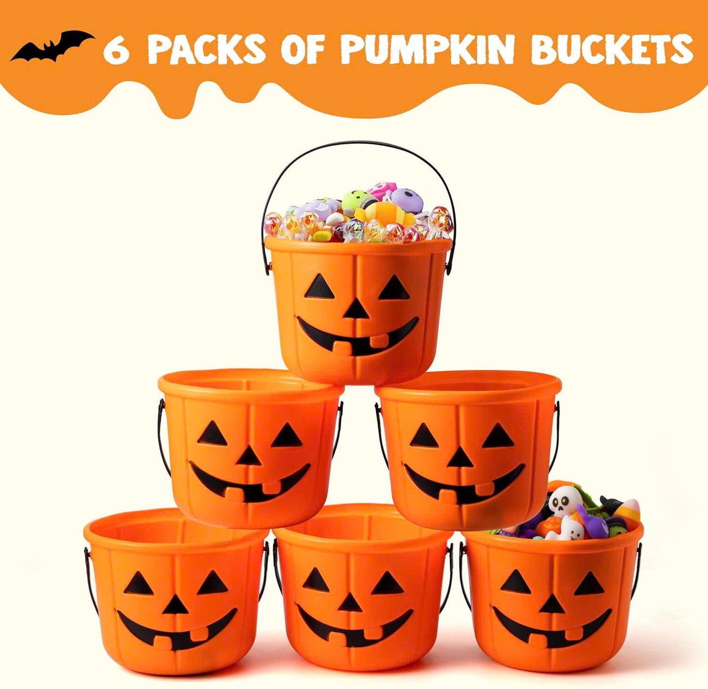 6PCS Halloween Pumpkin Candy Buckets with Handles for Kids Trick-or-Treat
