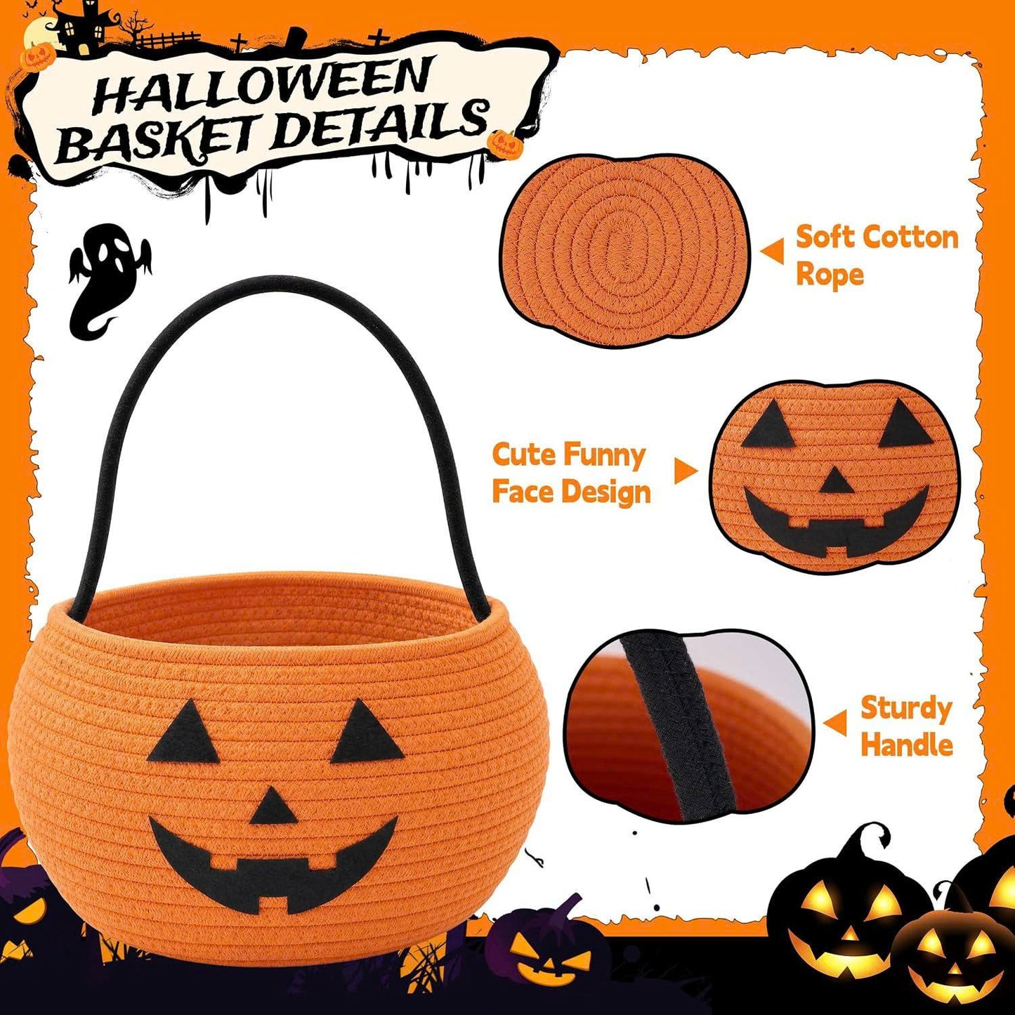 Cotton Rope Halloween Pumpkin Trick or Treat Basket with Handle