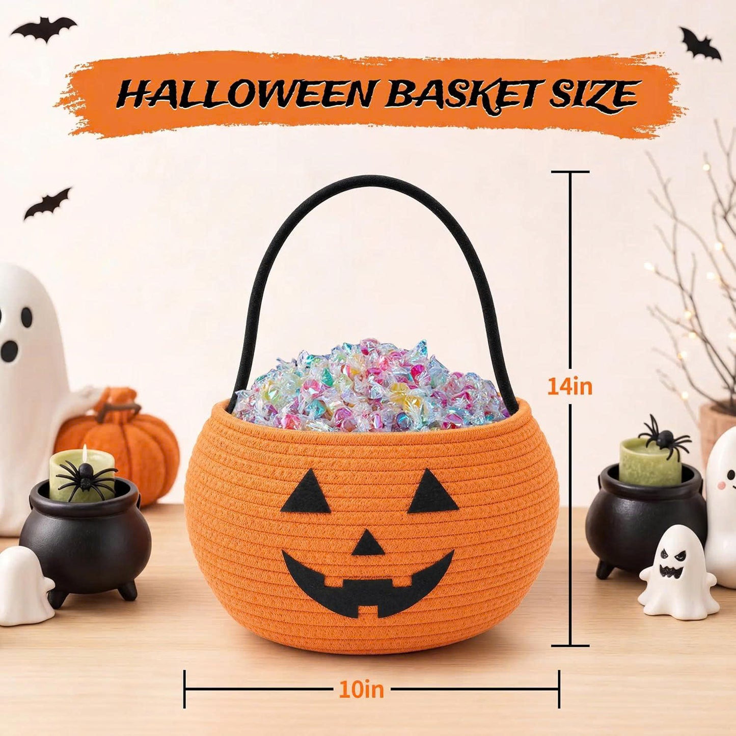 Cotton Rope Halloween Pumpkin Trick or Treat Basket with Handle