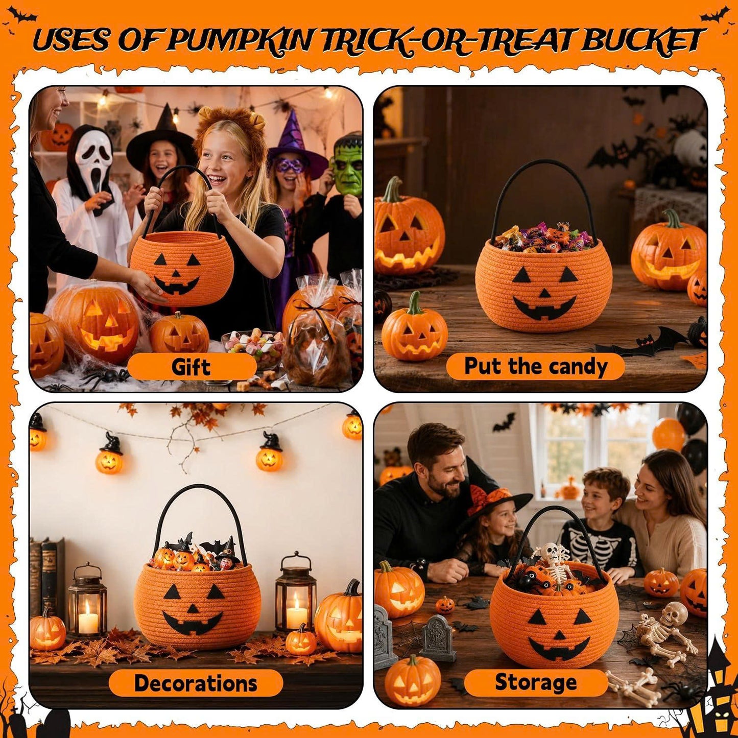 Cotton Rope Halloween Pumpkin Trick or Treat Basket with Handle