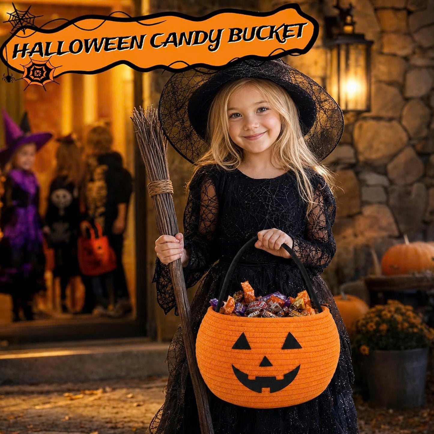Cotton Rope Halloween Pumpkin Trick or Treat Basket with Handle
