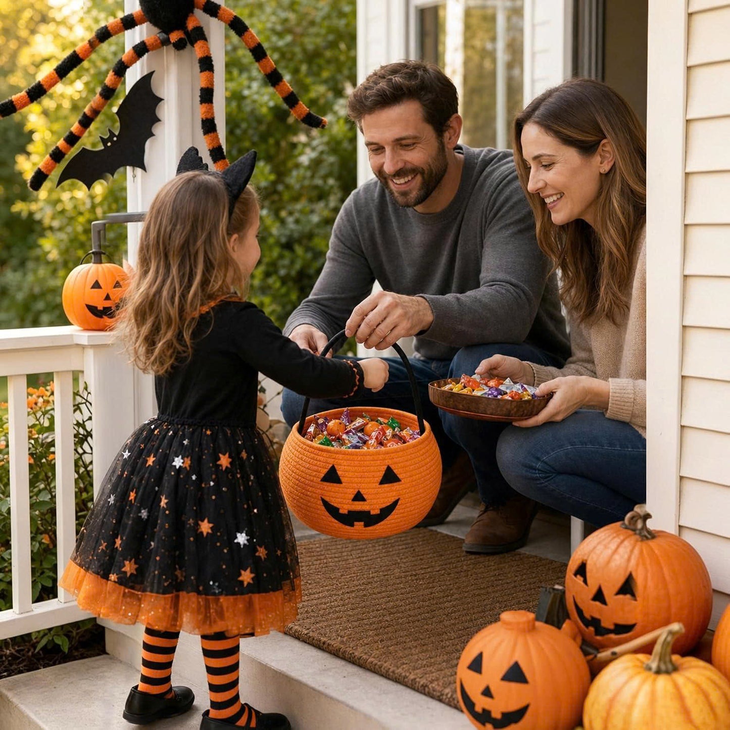 Cotton Rope Halloween Pumpkin Trick or Treat Basket with Handle