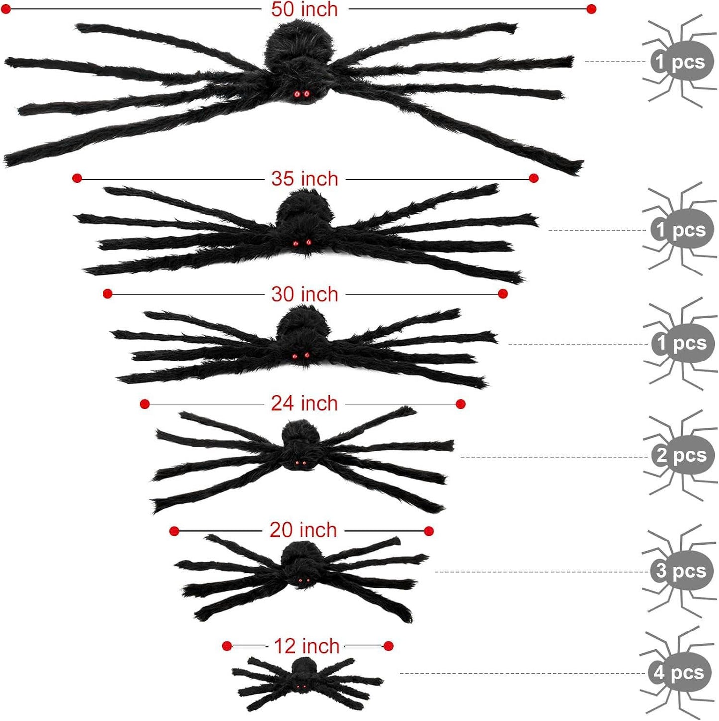 12 PCS Giant Halloween Spider Decorations - Assorted Size Hairy Spiders