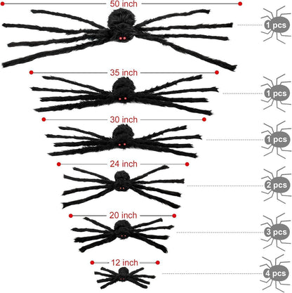 12 PCS Giant Halloween Spider Decorations - Assorted Size Hairy Spiders