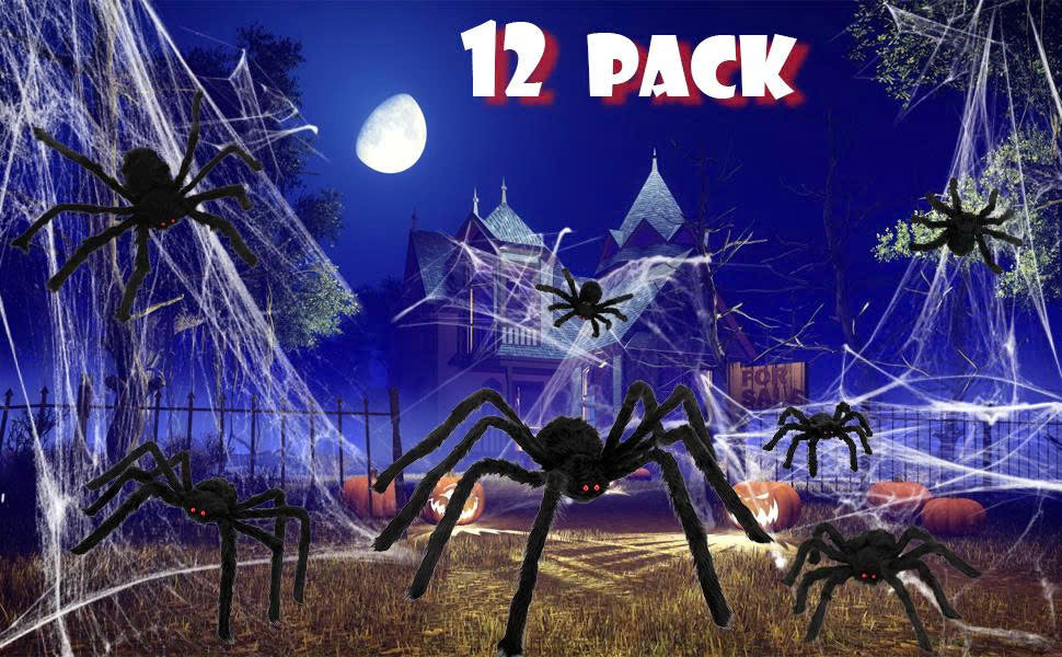 12 PCS Giant Halloween Spider Decorations - Assorted Size Hairy Spiders