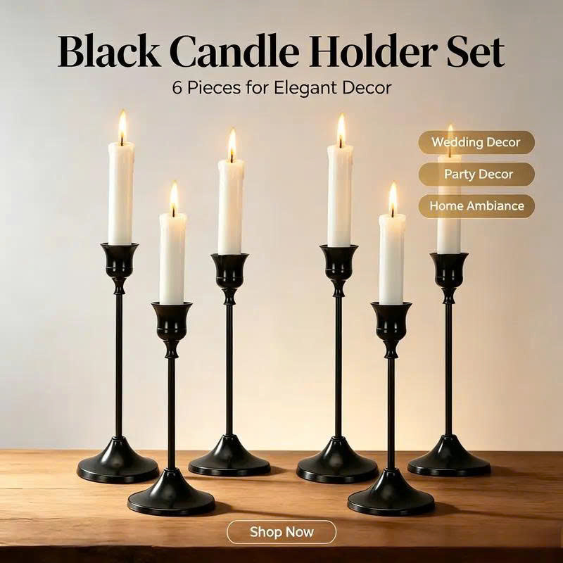 6Pcs Black Taper Candle Holders - Modern Candlestick Table Centerpiece