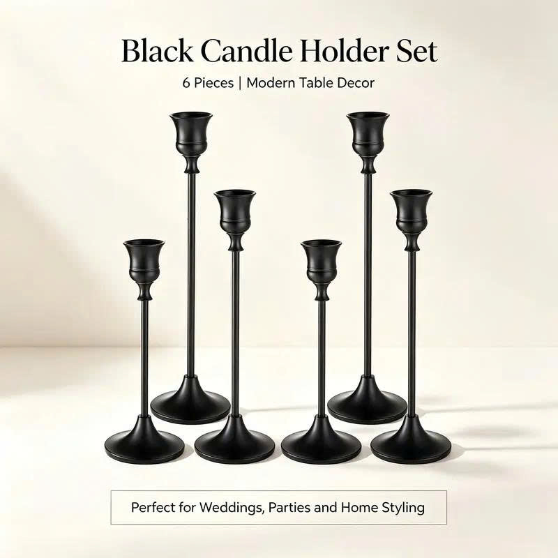 6Pcs Black Taper Candle Holders - Modern Candlestick Table Centerpiece