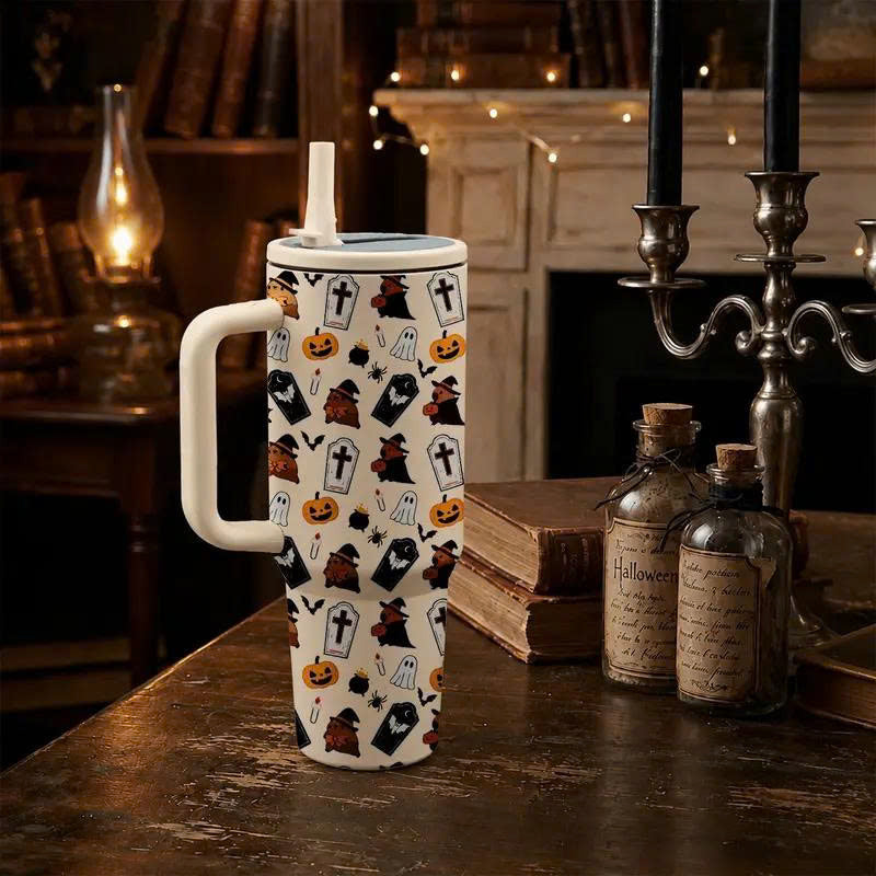 40oz Halloween Ghost Stainless Steel Tumbler with Handle and Straw Lid
