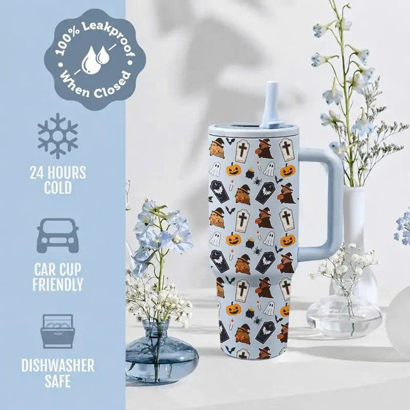 40oz Halloween Ghost Stainless Steel Tumbler with Handle and Straw Lid