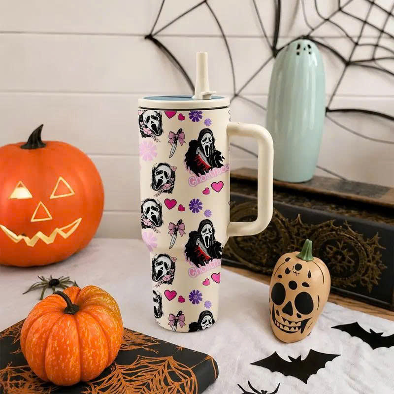 40oz Ghostface Stainless Steel Tumbler with Handle and Straw Lid