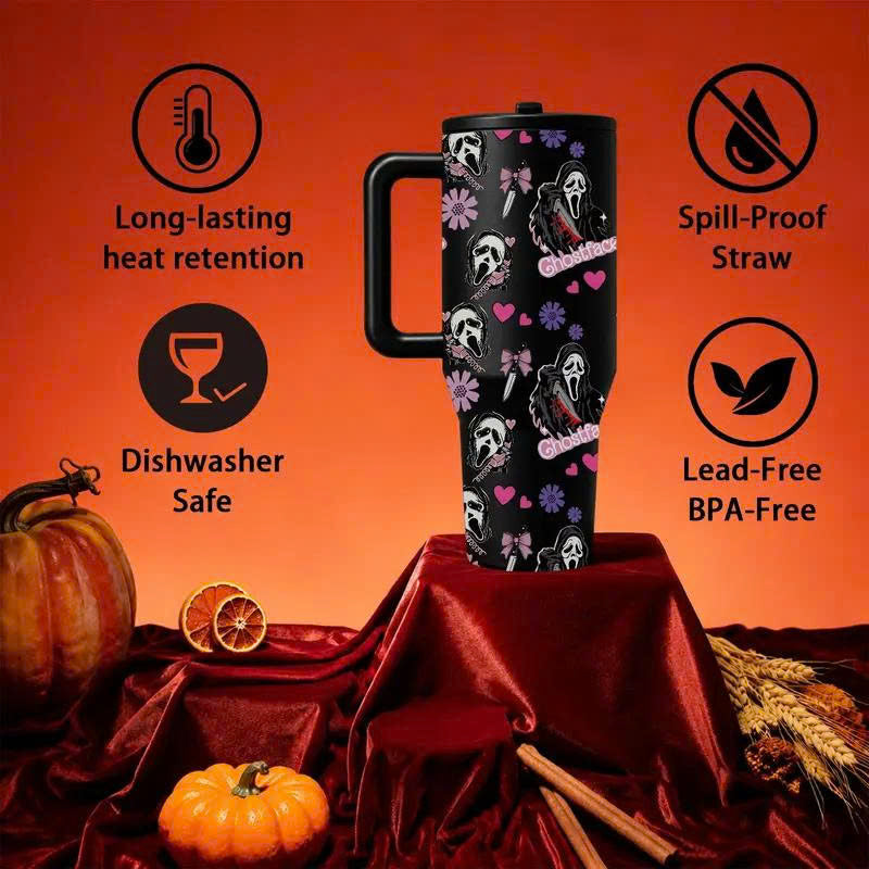 40oz Ghostface Stainless Steel Tumbler with Handle and Straw Lid