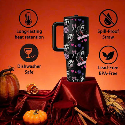 40oz Ghostface Stainless Steel Tumbler with Handle and Straw Lid