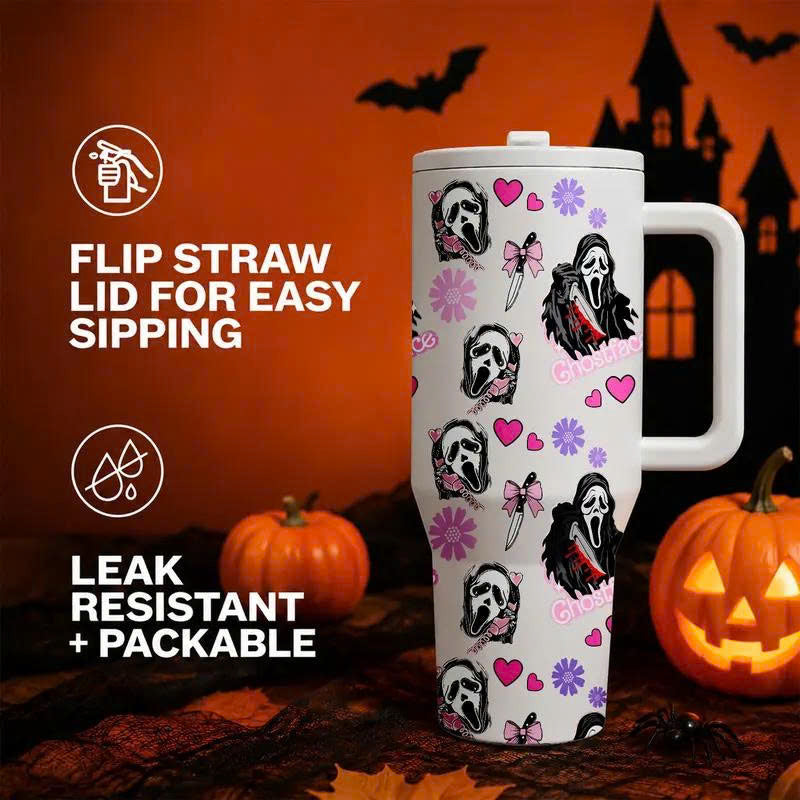 40oz Ghostface Stainless Steel Tumbler with Handle and Straw Lid