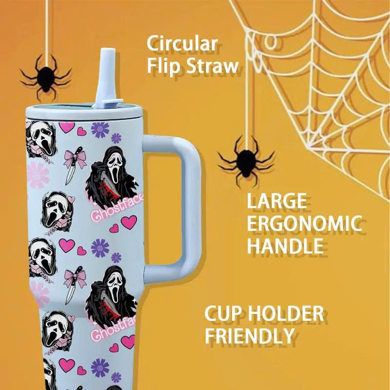 40oz Ghostface Stainless Steel Tumbler with Handle and Straw Lid