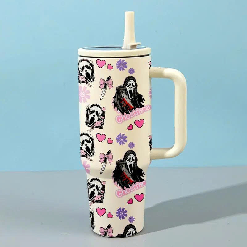 40oz Ghostface Stainless Steel Tumbler with Handle and Straw Lid