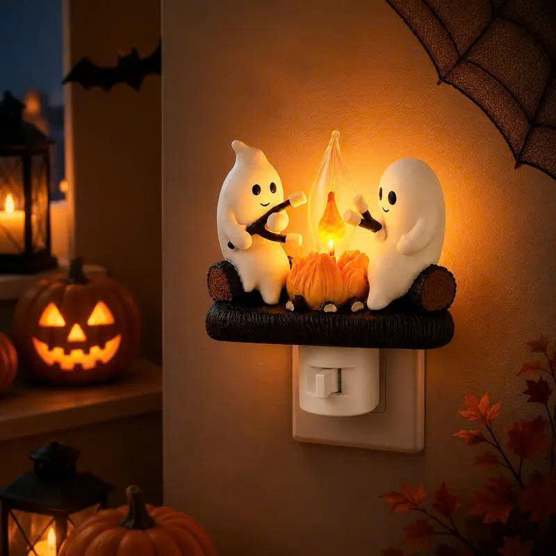 Ghost Campfire Flickering Night Light - 3D LED Plug-in Halloween Wall Light