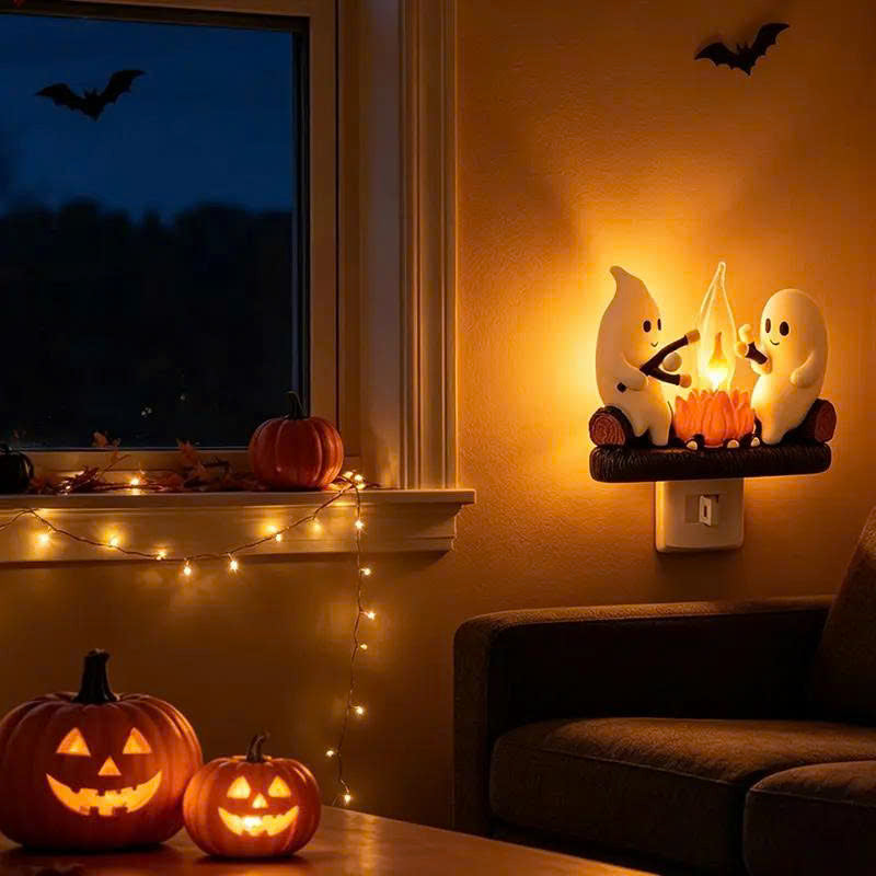 Ghost Campfire Flickering Night Light - 3D LED Plug-in Halloween Wall Light