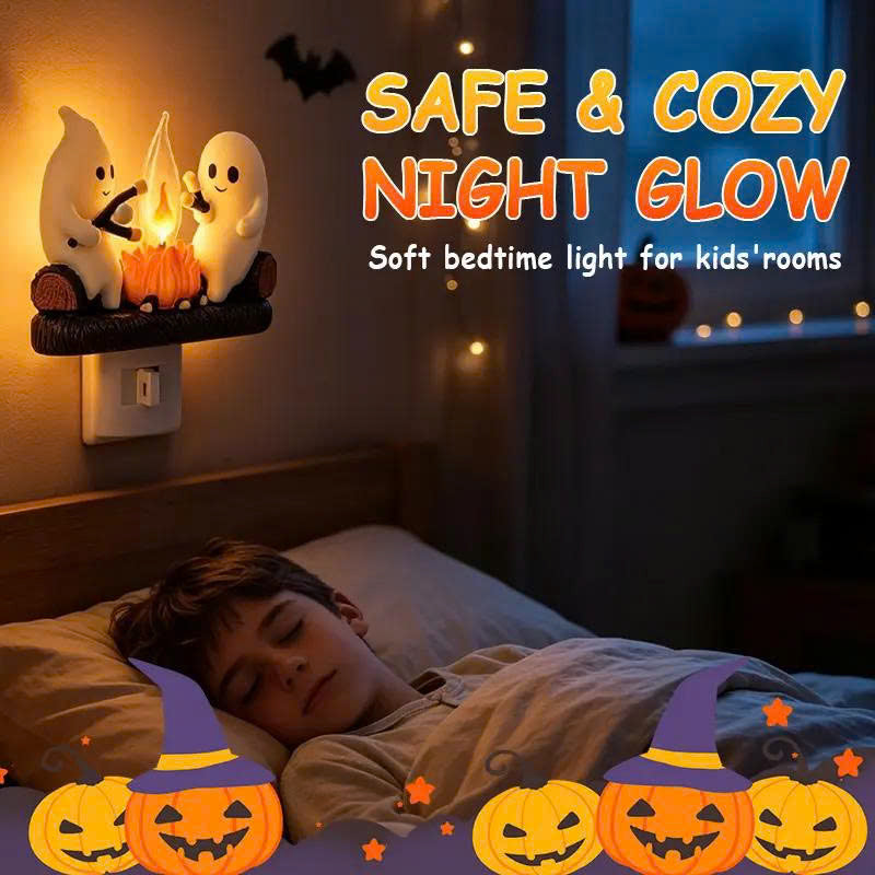Ghost Campfire Flickering Night Light - 3D LED Plug-in Halloween Wall Light