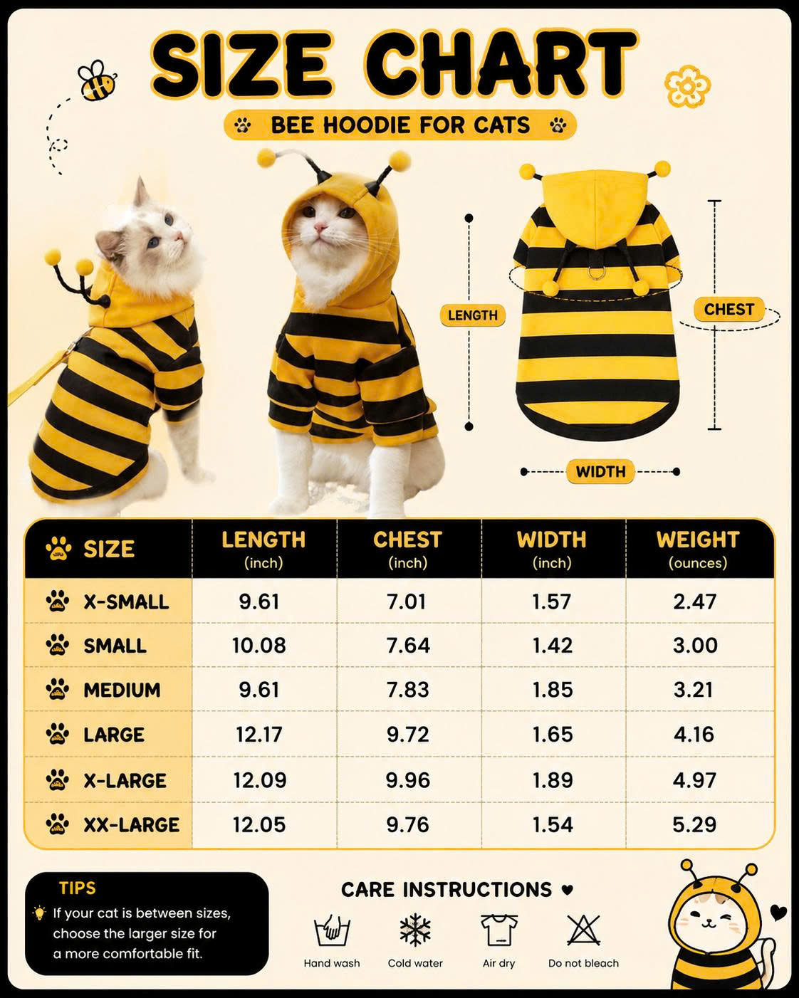 Cute Bumble Bee Pet Hoodie Costume with Bendable Antennae & Leash Hook
