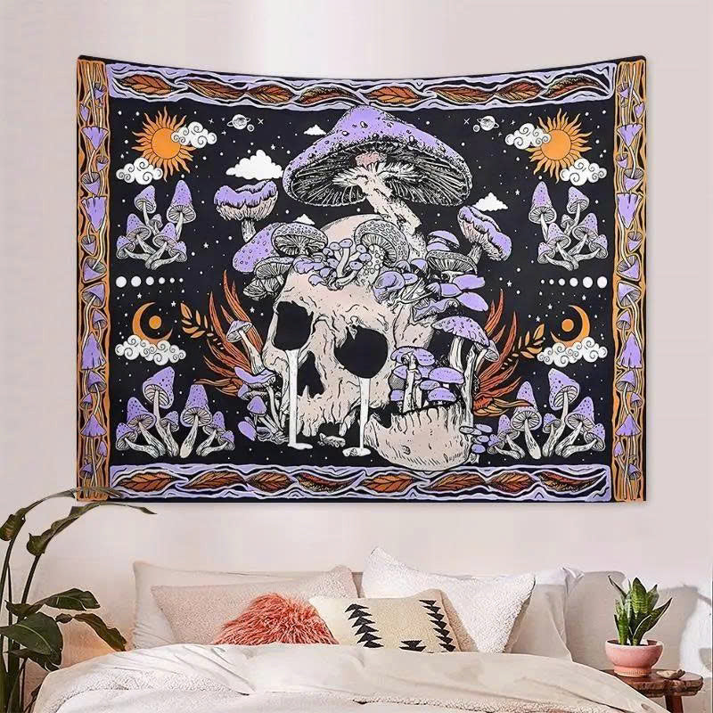 Skeleton Mushroom Wall Tapestry - Gothic Skull & Purple Moon Mandala Decor