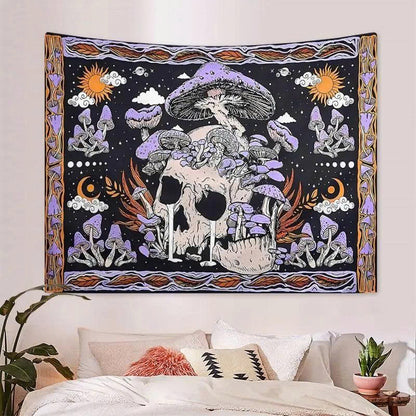 Skeleton Mushroom Wall Tapestry - Gothic Skull & Purple Moon Mandala Decor