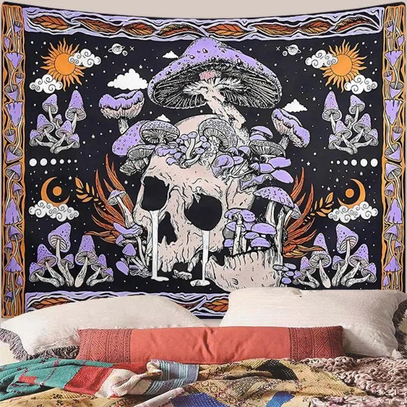 Skeleton Mushroom Wall Tapestry - Gothic Skull & Purple Moon Mandala Decor