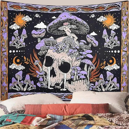 Skeleton Mushroom Wall Tapestry - Gothic Skull & Purple Moon Mandala Decor