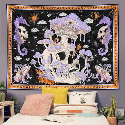 Skeleton Mushroom Wall Tapestry - Gothic Skull & Purple Moon Mandala Decor