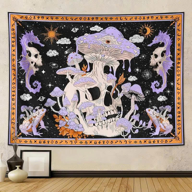 Skeleton Mushroom Wall Tapestry - Gothic Skull & Purple Moon Mandala Decor