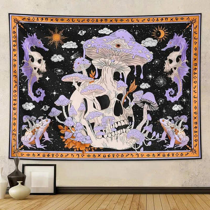Skeleton Mushroom Wall Tapestry - Gothic Skull & Purple Moon Mandala Decor