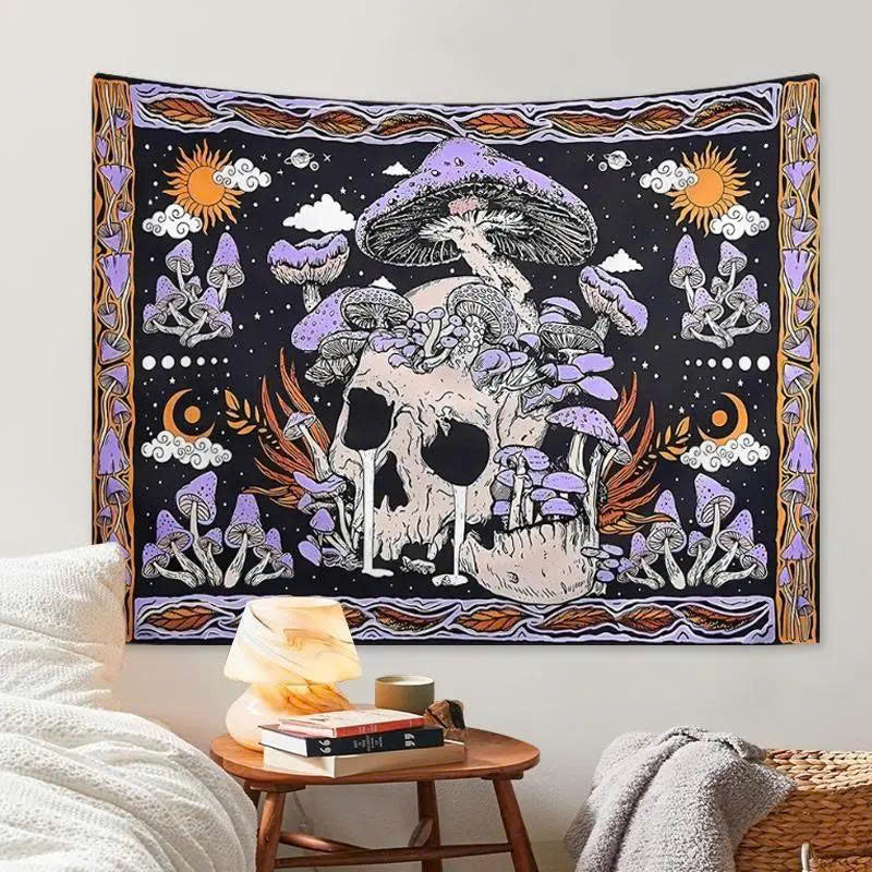 Skeleton Mushroom Wall Tapestry - Gothic Skull & Purple Moon Mandala Decor