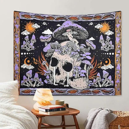 Skeleton Mushroom Wall Tapestry - Gothic Skull & Purple Moon Mandala Decor