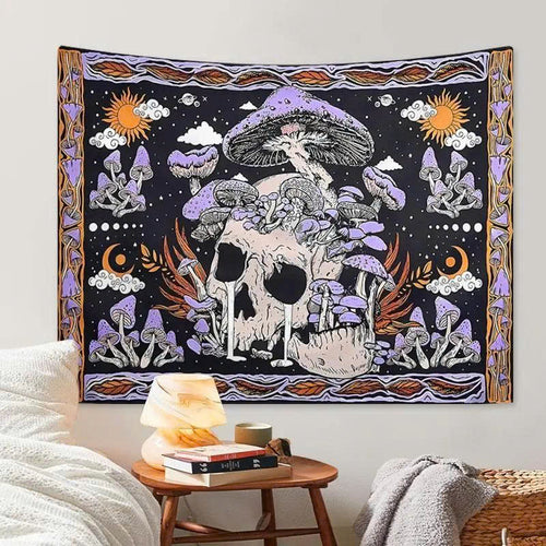 Skeleton Mushroom Wall Tapestry - Gothic Skull & Purple Moon Mandala Decor