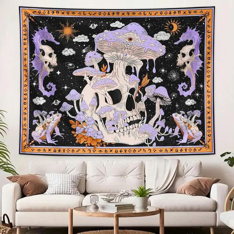 Skeleton Mushroom Wall Tapestry - Gothic Skull & Purple Moon Mandala Decor