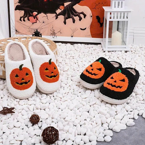 Halloween Pumpkin Plush Slippers - Cozy Fuzzy House Shoes with Anti-Slip Sole