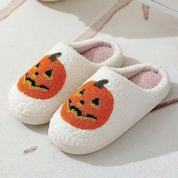 Halloween Pumpkin Plush Slippers - Cozy Fuzzy House Shoes with Anti-Slip Sole