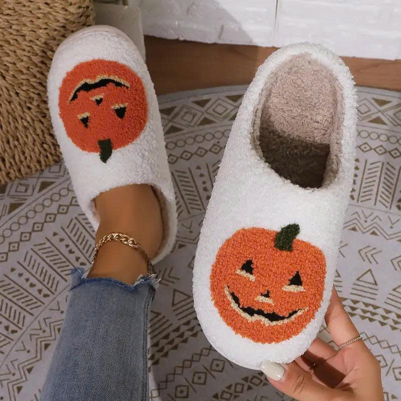 Halloween Pumpkin Plush Slippers - Cozy Fuzzy House Shoes with Anti-Slip Sole
