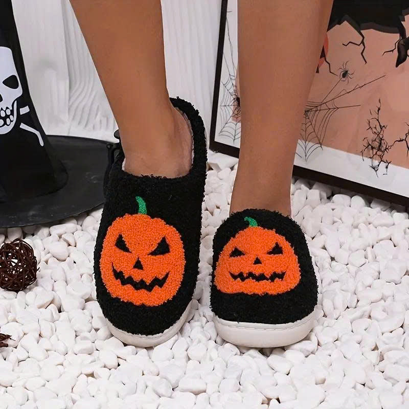 Halloween Pumpkin Plush Slippers - Cozy Fuzzy House Shoes with Anti-Slip Sole
