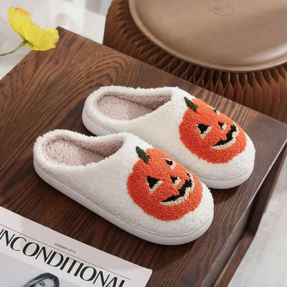 Halloween Pumpkin Plush Slippers - Cozy Fuzzy House Shoes with Anti-Slip Sole