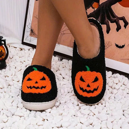 Halloween Pumpkin Plush Slippers - Cozy Fuzzy House Shoes with Anti-Slip Sole