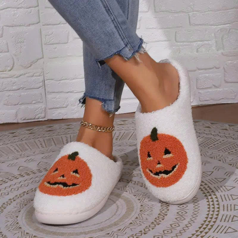 Halloween Pumpkin Plush Slippers - Cozy Fuzzy House Shoes with Anti-Slip Sole