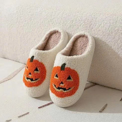 Halloween Pumpkin Plush Slippers - Cozy Fuzzy House Shoes with Anti-Slip Sole