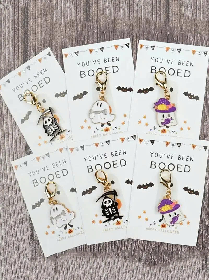 6Pcs Cute Halloween Ghost Keychain Set with You've Been Booed Cards