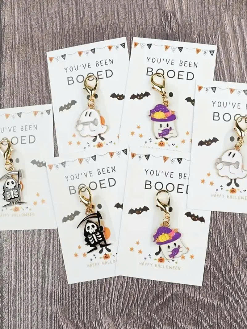 6Pcs Cute Halloween Ghost Keychain Set with You've Been Booed Cards