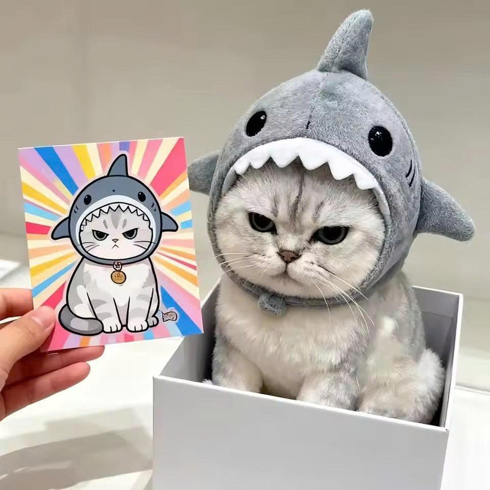 Cute Shark Cat Hat - Soft Plush Pet Headwear for Cats & Small Dogs