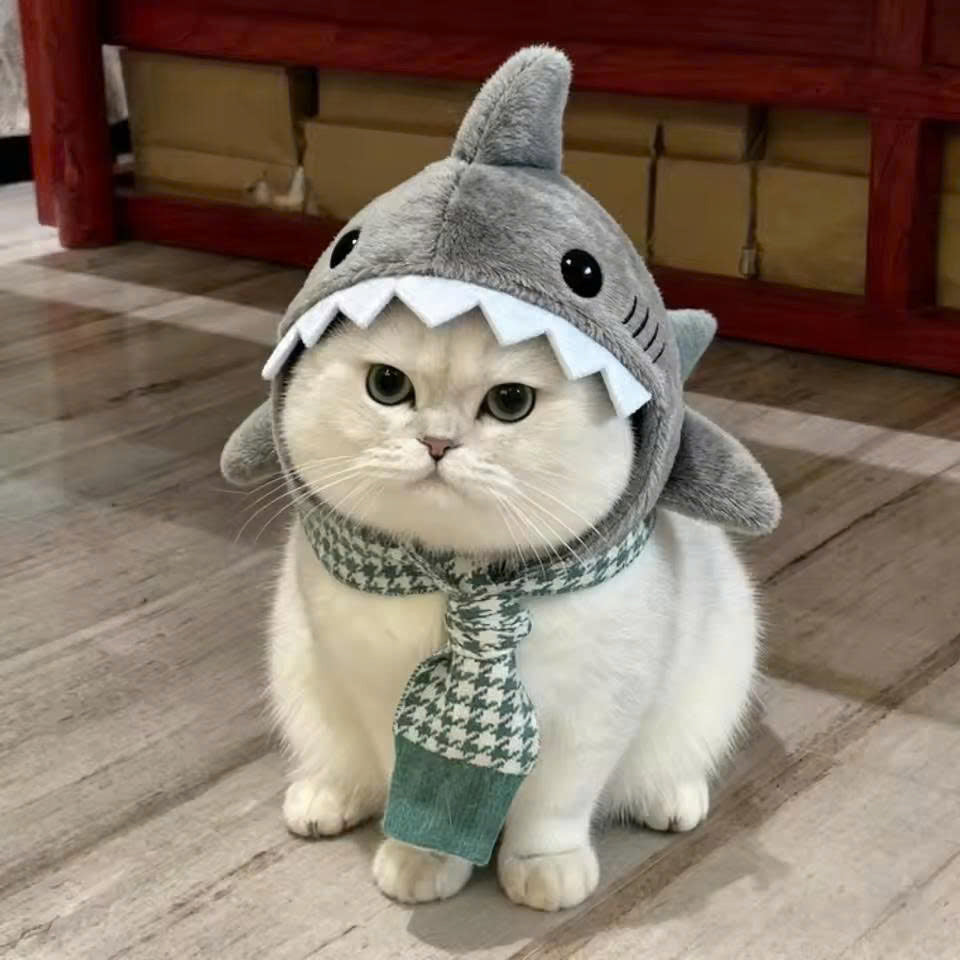 Cute Shark Cat Hat - Soft Plush Pet Headwear for Cats & Small Dogs